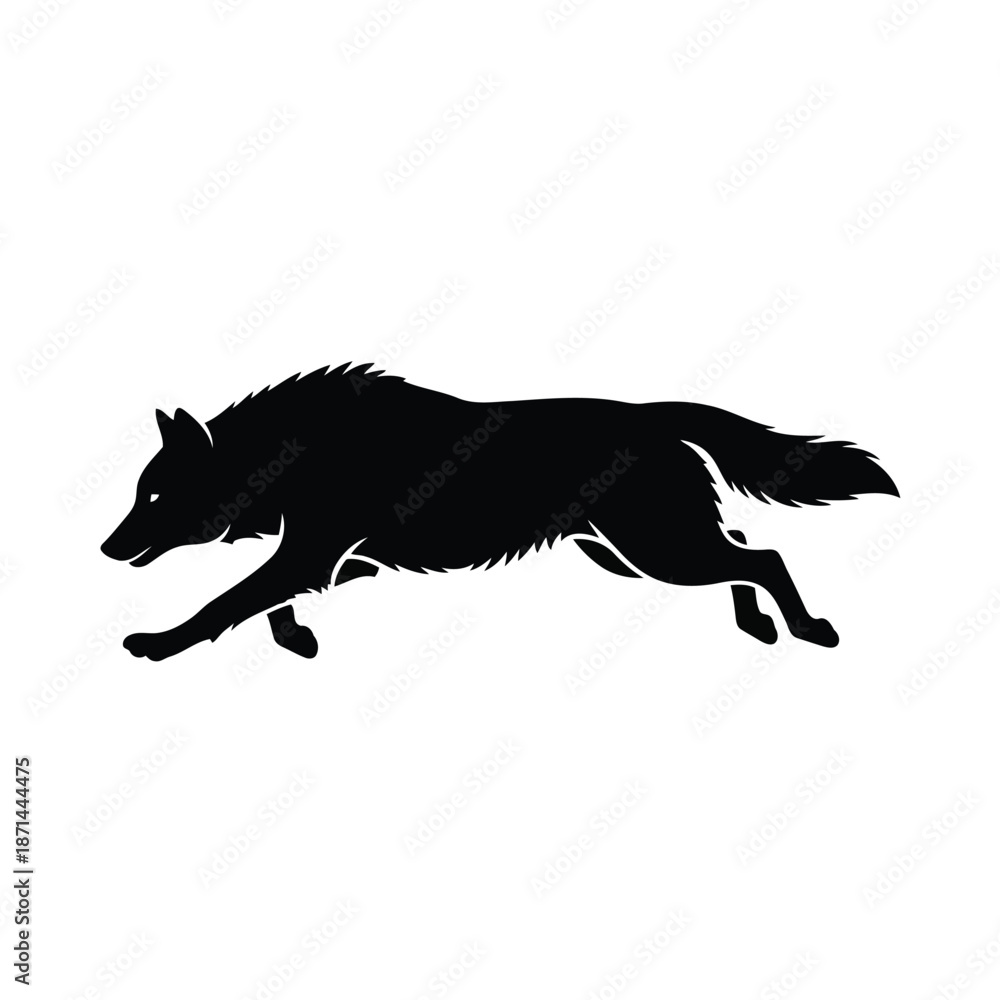 Naklejka premium A silhouette of a wolf running freely in a natural landscape viewed from the side