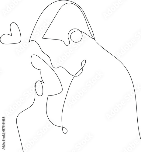 Couple Sharing a Valentine's Kiss in a Tender Moment, Illustrated with Simple Lines