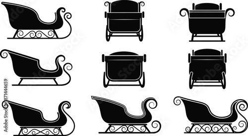 Christmas Santa sleigh silhouette set, winter holiday carriage icons, various black sled shapes for festive greeting cards and seasonal vector designs