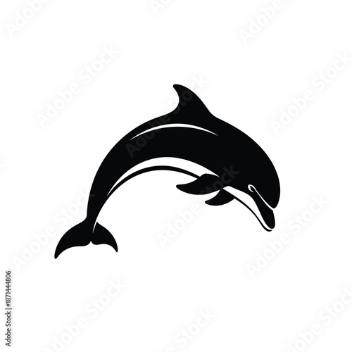 A black silhouette dolphin leaps playfully against a white background