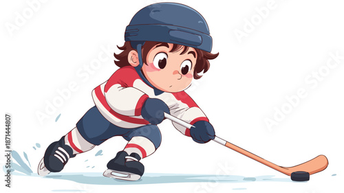Cartoon Boy Playing Hockey Vector with Outline Isolated on White Background