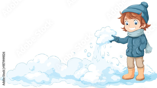 Cheerful Cartoon Boy Playing with Snow - Vector Illustration with Outline Isolated on White Background
