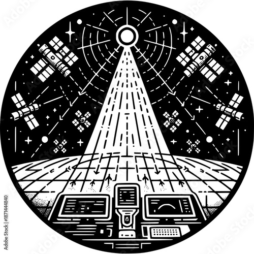 Space Exploration: An illustration showcasing a spacecraft control panel with satellites and a beacon in the vastness of space, symbolizing humanity's reach towards the cosmos.