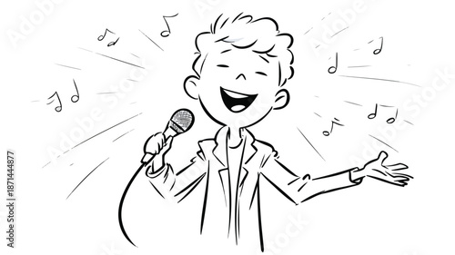 Cartoon Boy Singing on White Background with Outline Vector Illustration