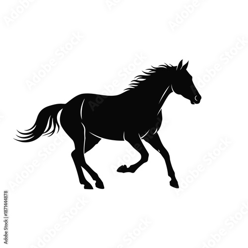 A black horse running freely in an open field, captured from a side viewpoint.