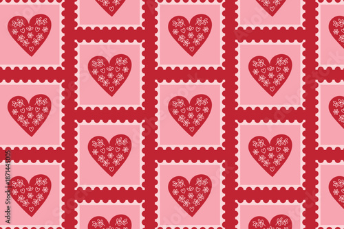 Seamless background with postage stamps, hearts, and flowers for Valentine's Day. Vintage vector seamless pattern with hand-drawn hearts and flowers.