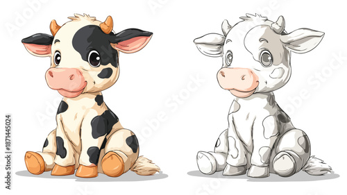 Adorable Baby Cow Cartoon Sitting Pose with Outline Vector Illustration