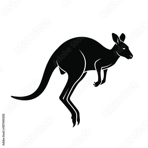 Black kangaroo illustration jumping in a white environment from a side viewpoint