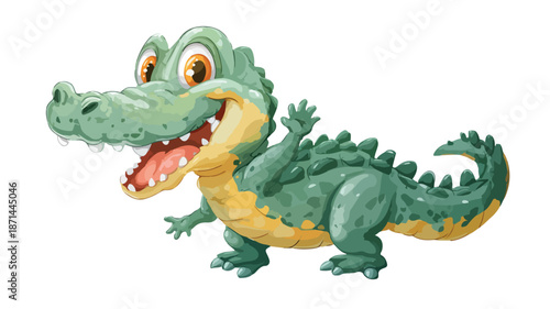 Cheerful Cartoon Cute Baby Crocodile Waving on White Vector with Outline