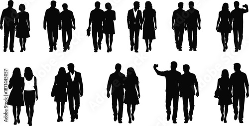 Set of Couples Silhouettes, Romantic Partners Walking and Holding Hands Vector Icons, People Relationship Illustrations, Diverse Men and Women Outlines
