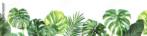 Horizontal border made of monstera leaves painted in watercolor. Tropical plant banner with palm leaf for summer decoration. Banner with copy space