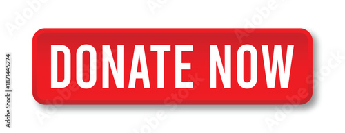 Donate Now Button in Red with White Text and Drop Shadow, Call to Action Sign for Charity and Fundraising, Vector