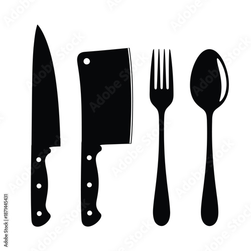 Kitchen utensils including knife, cleaver, fork, and spoon arranged neatly on a white background