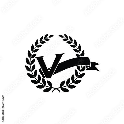 A laurel wreath illustration surrounding a stylized letter V with ribbon banner