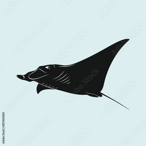 A majestic manta ray glides effortlessly through the calm ocean waters, its silhouette captured in a striking black illustration from a side viewpoint.