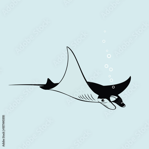 Manta ray swimming in the ocean with bubbles rising to the surface
