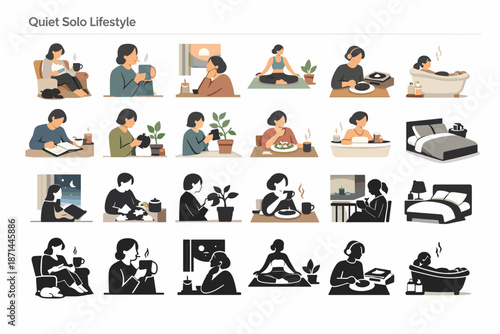 Quiet Solo Lifestyle Daily Activities Illustration Set