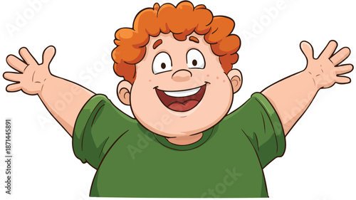 Cheerful overweight boy waving in outlined vector illustration