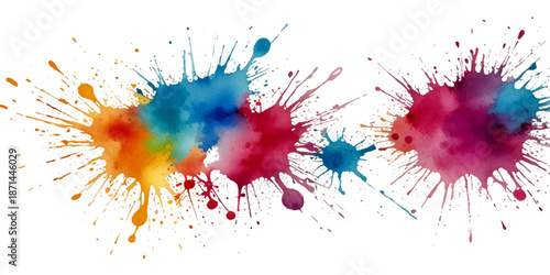 Dynamic abstract color powder explosion with vivid multicolor pigment bursts on white background, featuring energetic Holi-style dust clouds in pink, yellow, and blue for festival and creative design 