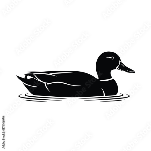A black duck floats on calm water with ripples, viewed from the side in a simple illustration