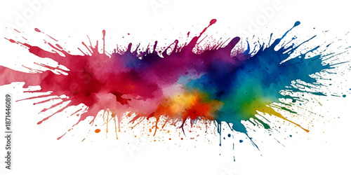 Bright colorful powder explosion with vibrant rainbow pigment splashes bursting outward on a clean white background, creating a dynamic energetic abstract art effect perfect for Holi festival celebrat