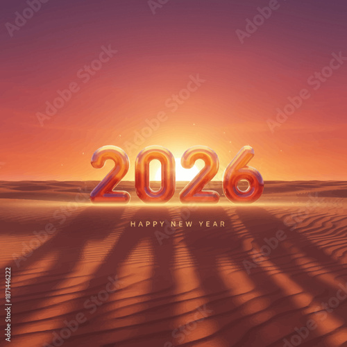 Vibrant desert landscape celebrating 2026 New Year with stunning sunset