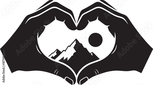 Heart hands embracing mountain landscape with sun symbolizing love for nature and outdoors exploration adventure