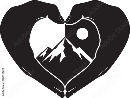 Heart hands forming frame for mountain view with sun and moon duality, love for nature and its dualities