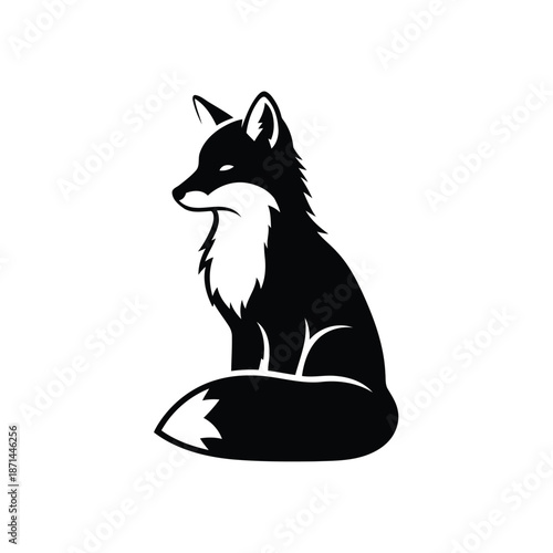 A black and white fox illustration sitting calmly in a serene environment from a side viewpoint