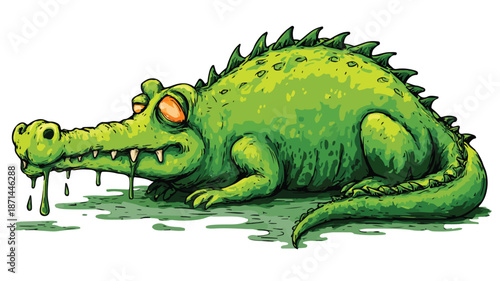Cute Cartoon Sad Crocodile Feeling Ill with Outline Vector Illustration