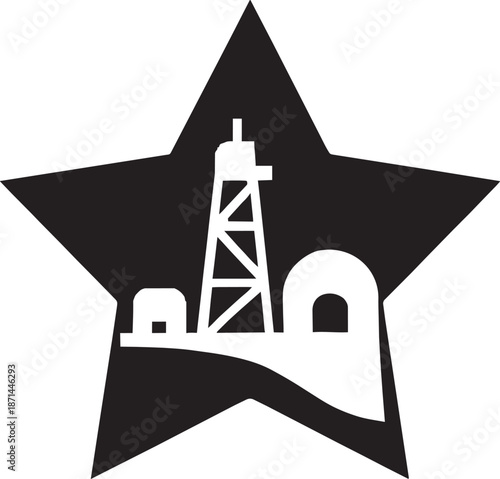 Industrial oil rig silhouette inside five pointed star frame for energy sector company branding