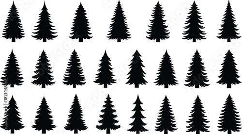 Set of Black Pine Tree Silhouettes, Isolated Evergreen Conifers For Winter Forest Landscapes, Nature Vector Icons, Christmas Fir Graphic Elements.