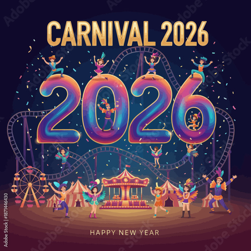 Vibrant carnival scene celebrating 2026 New Year with joyful performers