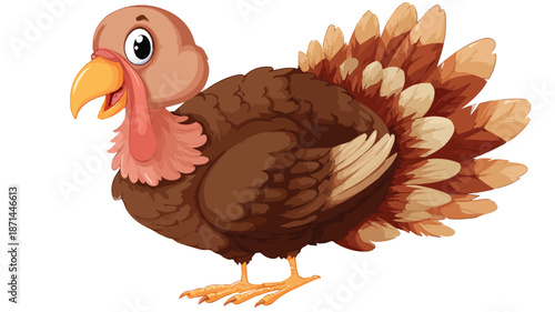 Funny Turkey Cartoon on White Background with Outline Vector Illustration