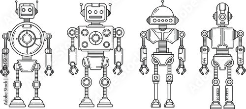Set of four cute retro robot characters in black and white outline style, artificial intelligence technology icons for coloring book page