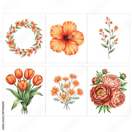Vibrant floral arrangements and wreaths featuring tulips, hibiscus, and roses in a clean white environment viewed from directly above