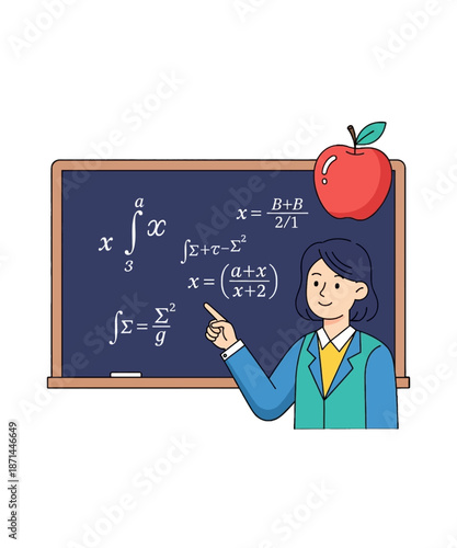Female educator pointing toward complex mathematical equations like calculus integrals and algebraic formulas displayed on a classroom chalkboard alongside a shiny red apple