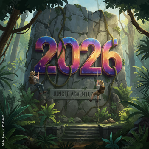 Vibrant jungle adventurers climbing into 2026 with ropes and backpacks