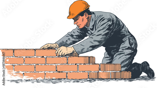 Professional Construction Worker Building Brick Wall