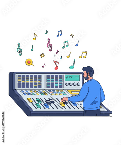 Audio engineer mixing music production on professional sound console with creative musical notes floating above the console