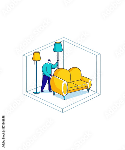 Minimalist illustration depicting a person carefully moving large yellow sofa furniture and stylish floor lamps into a conceptual storage unit or small room