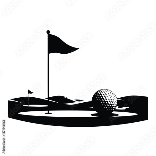 Golf ball on green with flagstick and bunker on golf course