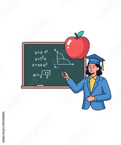 Educated female professor in graduation attire pointing at complex algebra and geometry equations written upon a green chalkboard near a bright red apple symbol.