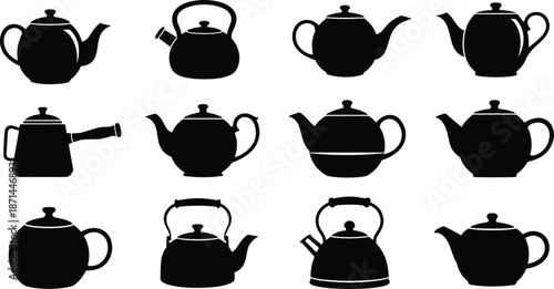 Set of Teapot Silhouettes, Classic Tea Pot and Kettle Vector Icons, Kitchenware Illustrations, Beverage Service Design Elements for Café and Home