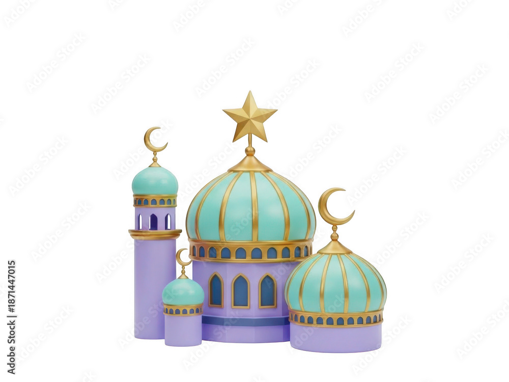 Naklejka premium Colorful mosque with star and crescents isolated on transparent background