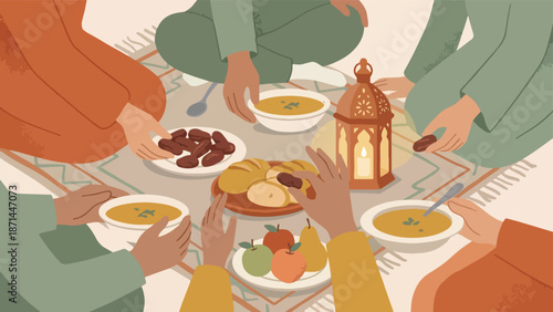 People gathered around a table with food and drinks for a festive meal together with people gathering and ramadan celebration and iftar party