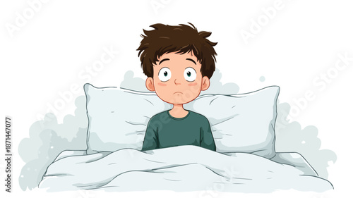 Young Boy Wake Up on White Background Vector with Outline
