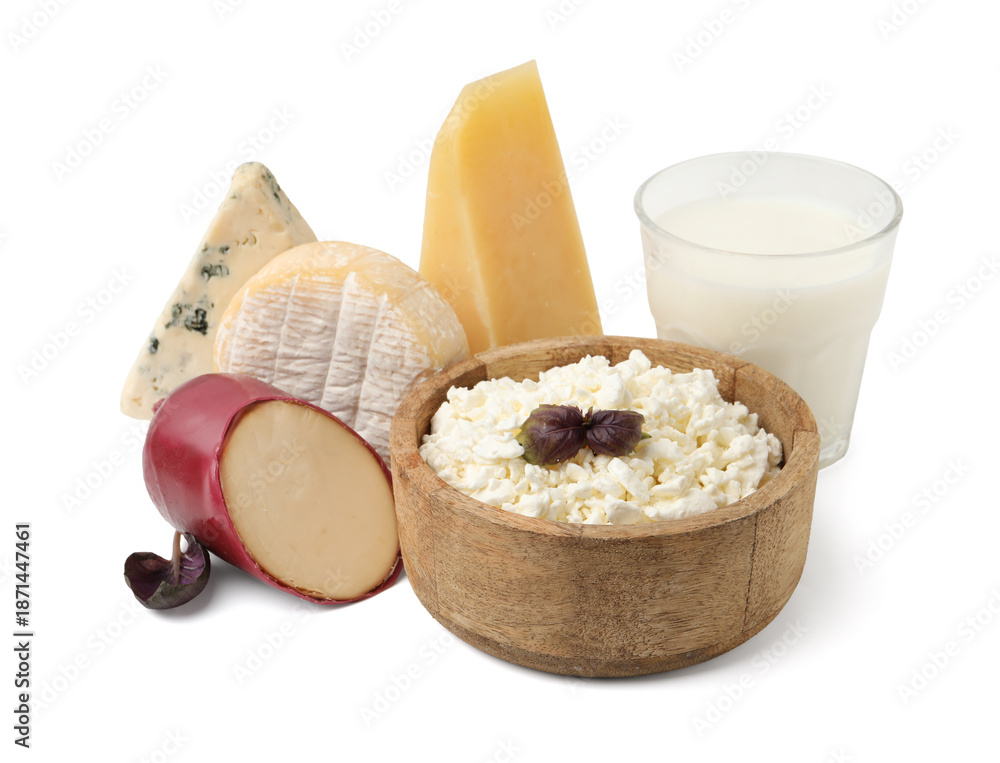 Fototapeta premium Different dairy products and basil isolated on white