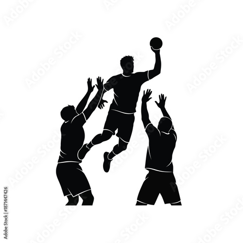 Basketball players competing intensely as one jumps to score in a crowded court illustration