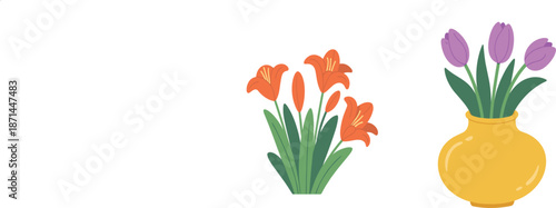 Set of spring garden flowers with orange lilies and purple tulips in yellow ceramic vase flat vector illustration